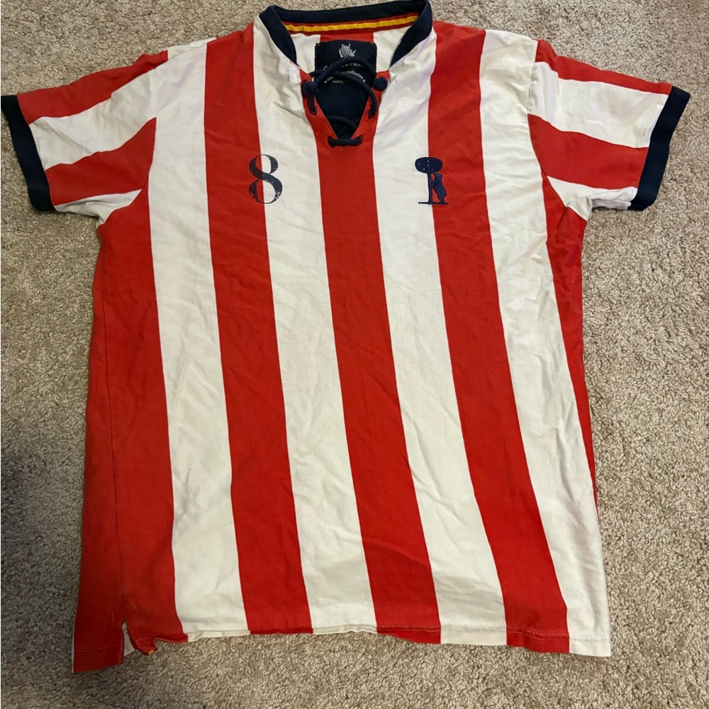 Red and White Striped Men's Polo Shirt